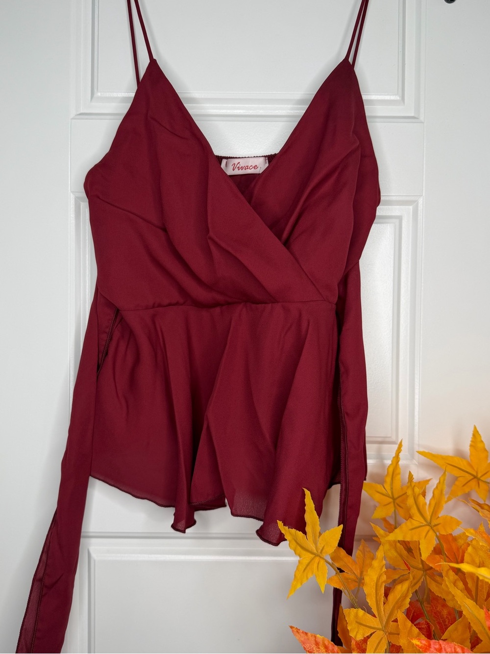Vivace- Burgundy Wrap-Front Spaghetti Strap Peplum Top